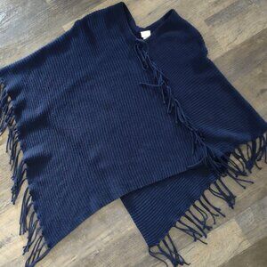 Fringe Poncho Navy Blue Knit Sweater by Chicos One Size